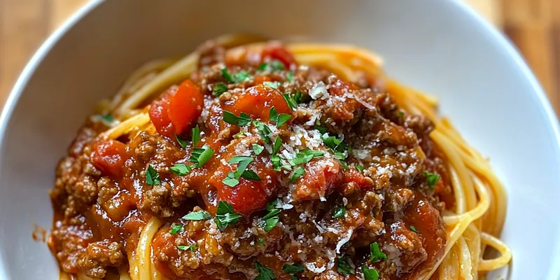 A bowl of Classic Italian Spaghetti Sauce garnished with fresh parsley, served with spaghetti on a wooden table.