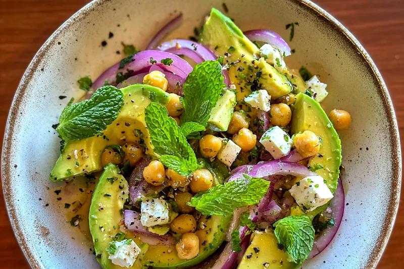 A colorful array of fresh ingredients for Avocado Chickpea Salad Delight on a rustic wooden table.