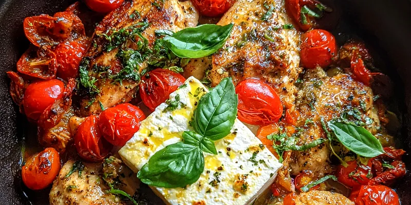 A beautifully plated Baked Feta Chicken Delight garnished with fresh herbs and served with a side of roasted vegetables.