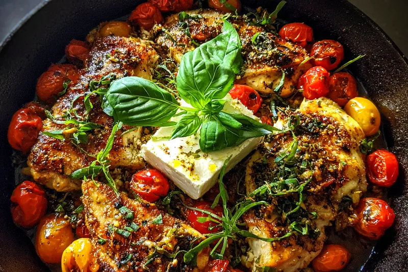 An array of fresh ingredients including chicken, feta cheese, tomatoes, and herbs for Baked Feta Chicken Delight.