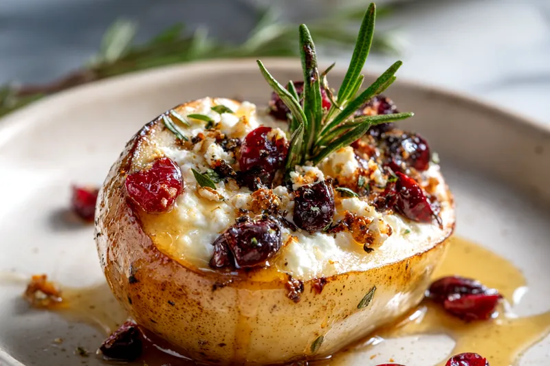 Baked pears in baking dish showing golden caramelized edges, melted goat cheese filling, and cranberry sauce being spooned over the top