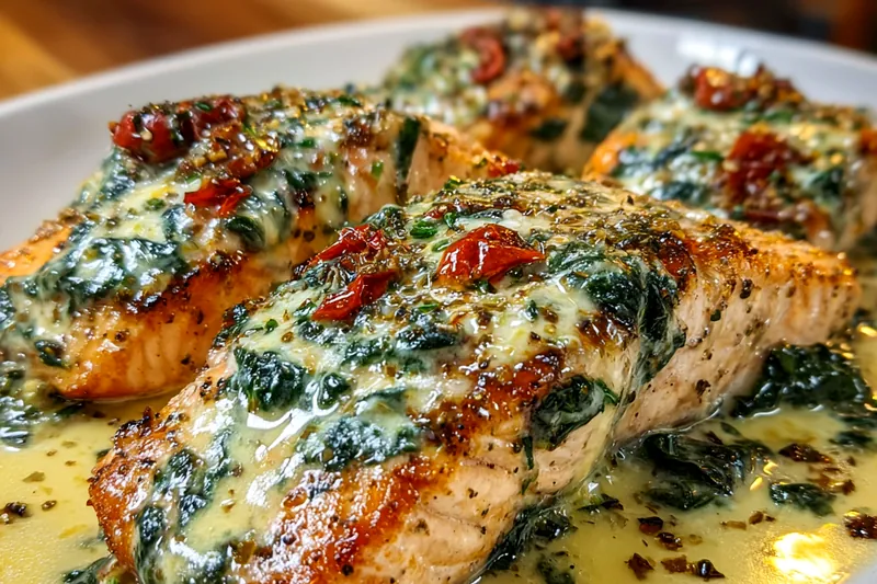 Raw salmon fillets being stuffed with spinach and feta mixture before going into the oven