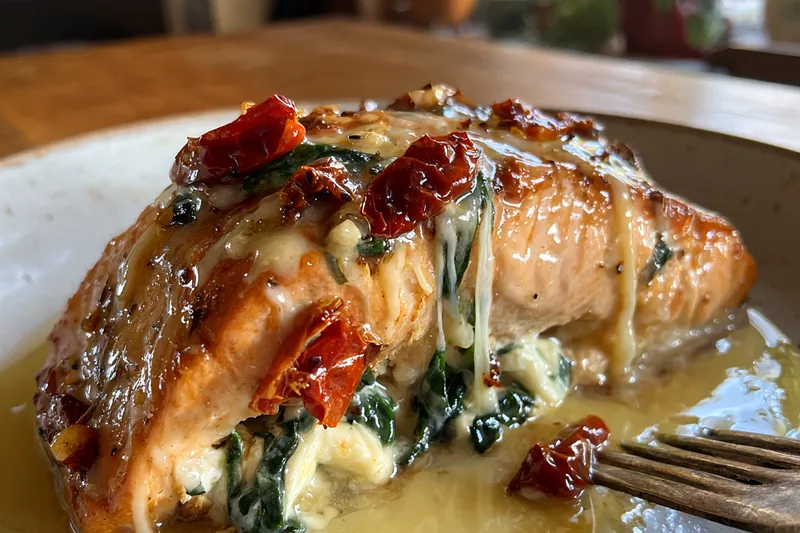 Fresh salmon fillets, bowl of spinach, block of feta cheese, cream cheese, garlic, and sun-dried tomatoes on a kitchen counter