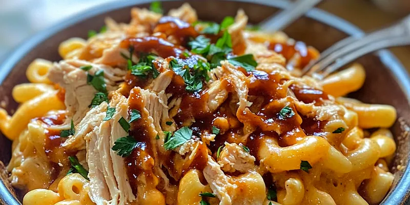 A warm bowl of BBQ Chicken Macaroni Delight topped with melted cheese and garnished with parsley.