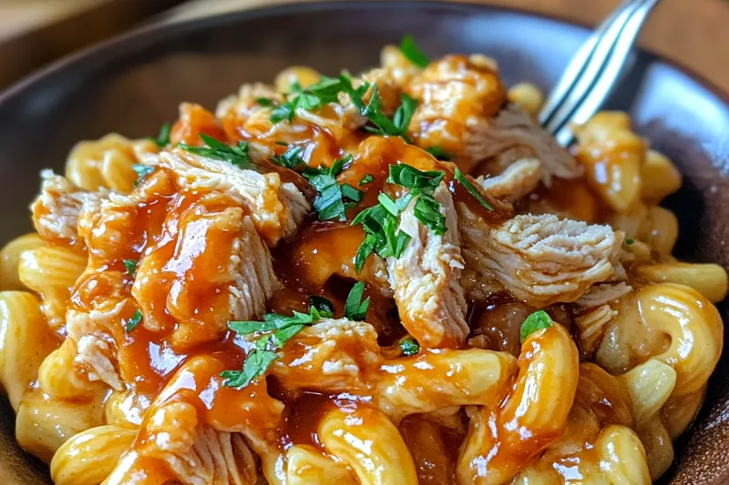 A colorful array of ingredients for BBQ Chicken Macaroni Delight including chicken, pasta, BBQ sauce, and vegetables.