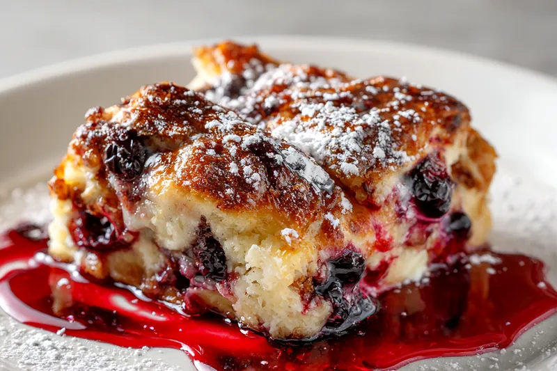 Berry croissant bake in the oven with golden-brown top forming, berries bubbling, showing the baking process on marble counter