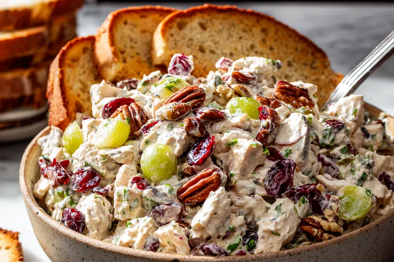 A close-up of the chicken salad being mixed in a large bowl, showing the creamy dressing coating the cranberries and pecans