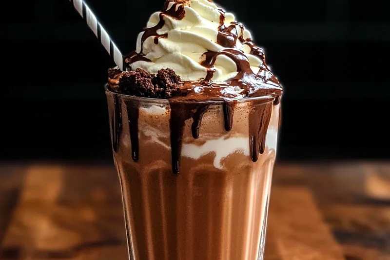 A blender filled with creamy brownie milkshake mixture ready to be served.