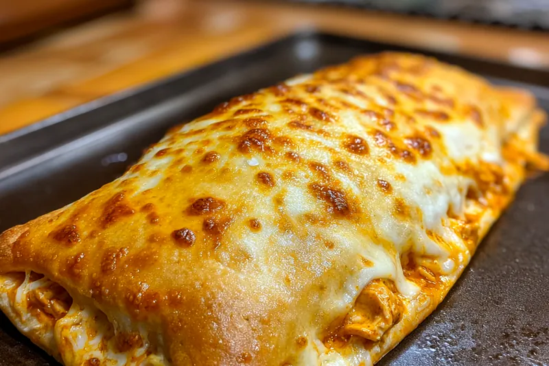 Buffalo Chicken Pizza Pockets baking in the oven, golden and crispy.