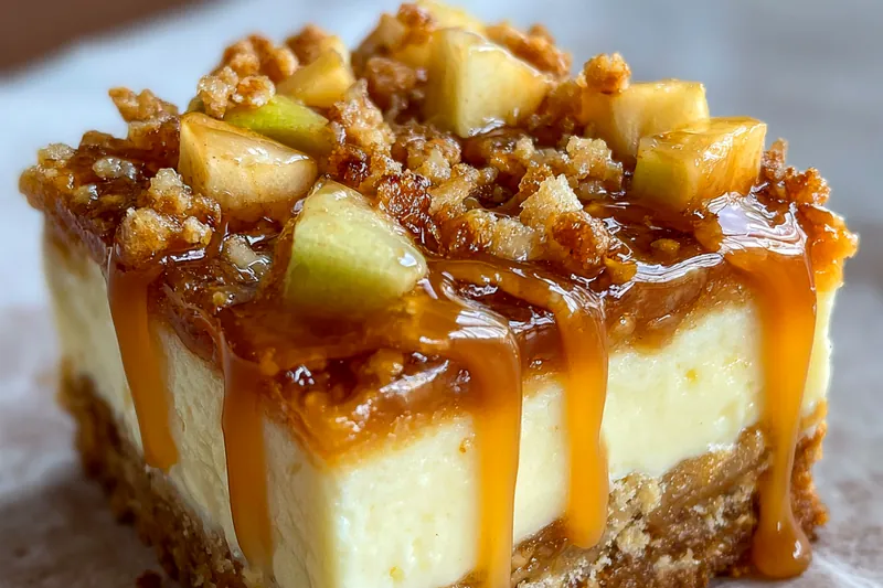 The process of baking Caramel Apple Cheesecake Bars Delight in the oven, showcasing its golden top.