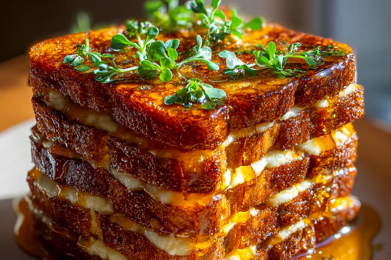 Cube of french toast sizzling in foaming butter and honey in a pan