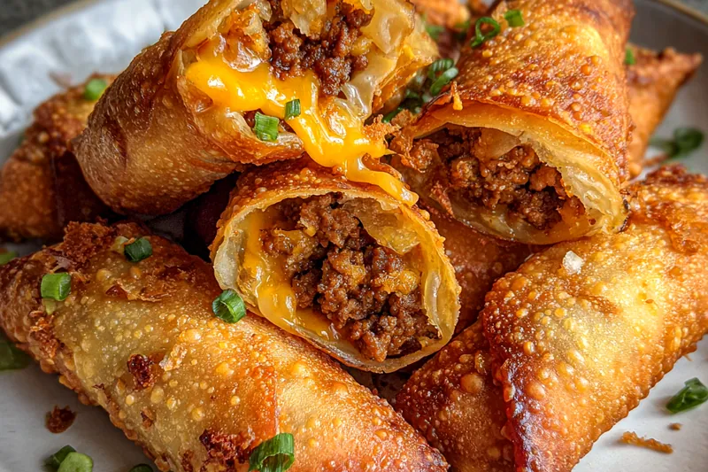 Fresh ingredients displayed for making Savory Cheeseburger Eggrolls, including beef, cheese, and vegetables.