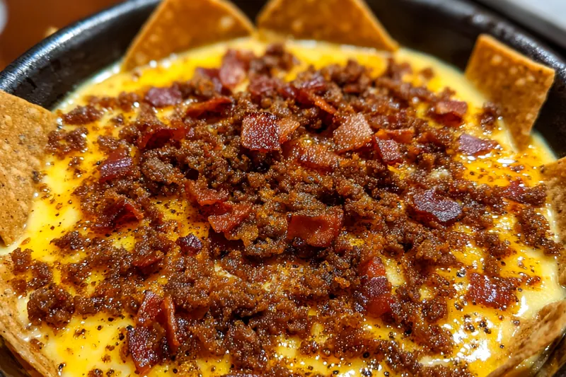 Chef Mitchell stirring the Cheesy Bacon Queso Delight on the stove.