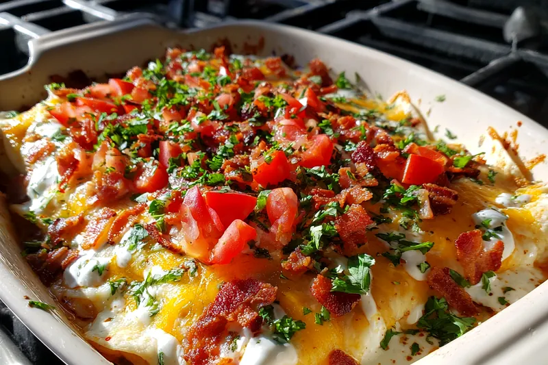 Close up of a baking dish of chicken enchiladas being covered in creamy white cheese sauce before baking