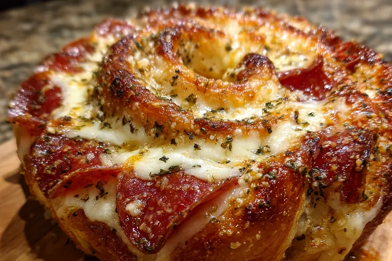 Close up of pull-apart pizza bread showing the melted cheese strings and crispy pepperoni edges