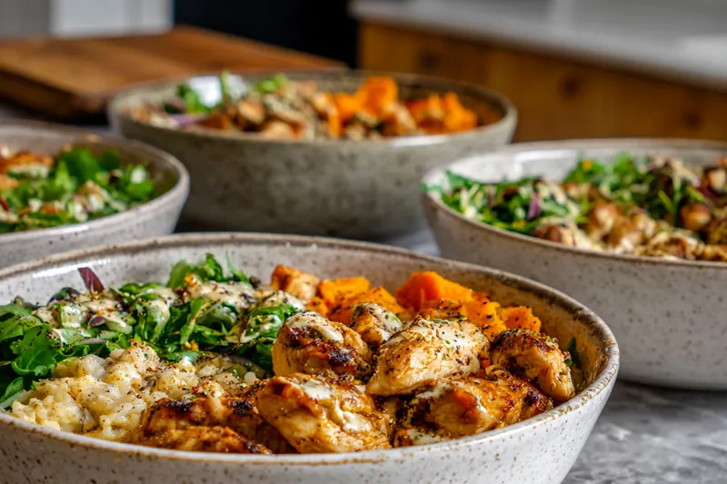 Colorful ingredients for chicken and sweet potato bowls
