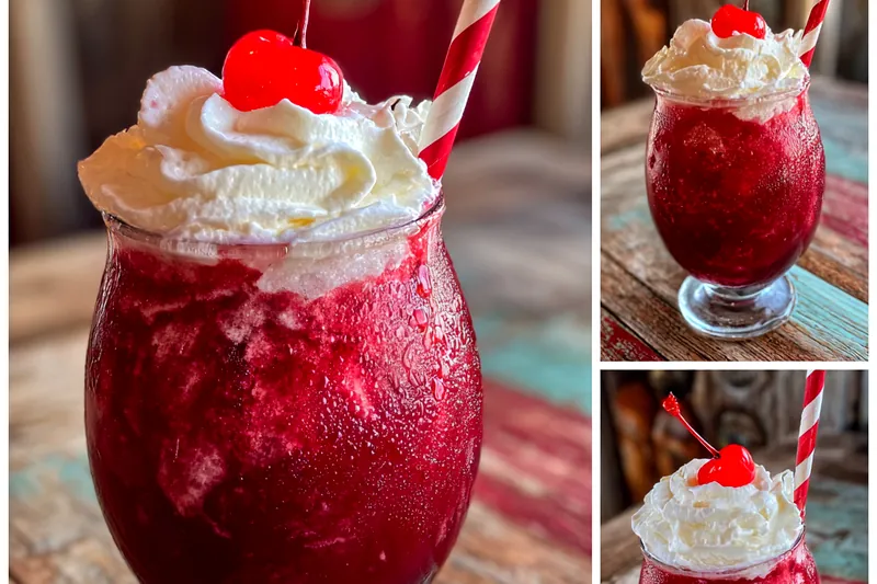 A blender filled with ingredients for Chilled Cherry Rum Slushie, ready to blend.