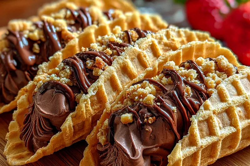 Piping bag squeezing chocolate mousse into a curved waffle shell