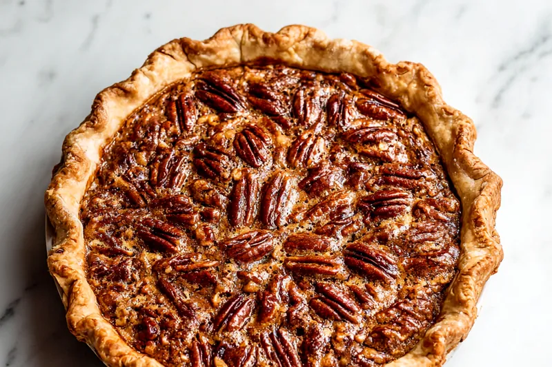 A freshly baked cinnamon pecan pie cooling on a rack