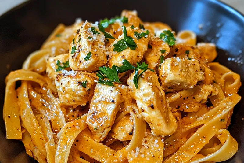 Chef Mitchell stirring the creamy sauce for Rich and Creamy Cowboy Butter Chicken in a skillet.