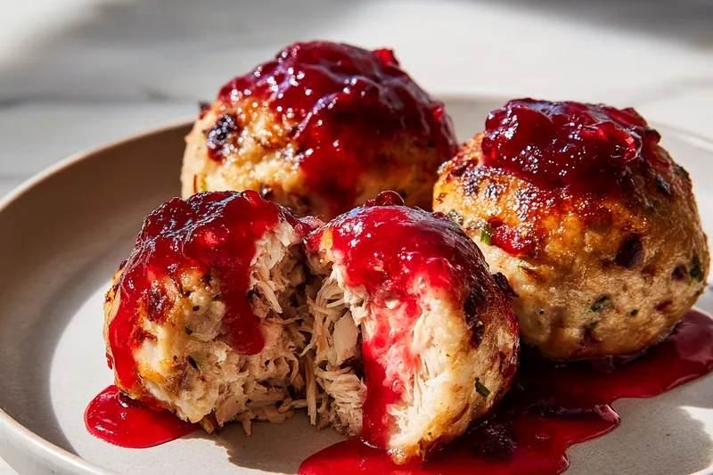 Ingredients for cranberry turkey meatballs including ground turkey, panko, cranberry sauce, and spices