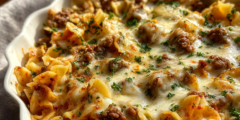 Delicious Creamy Beef Noodle Bake served on a plate