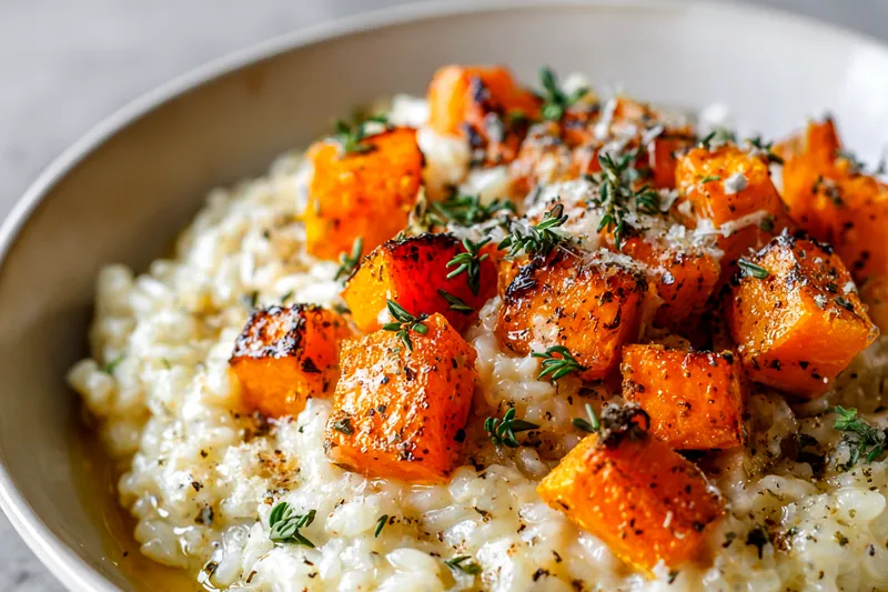 A pot of creamy risotto being stirred with a wooden spoon, with roasted squash and thyme ready to be added