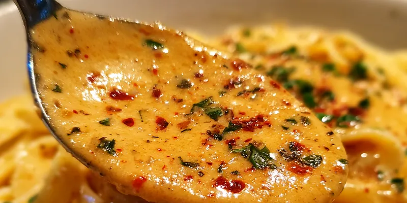 A bowl of Creamy Cajun Alfredo Sauce over pasta, garnished with parsley and Parmesan cheese.
