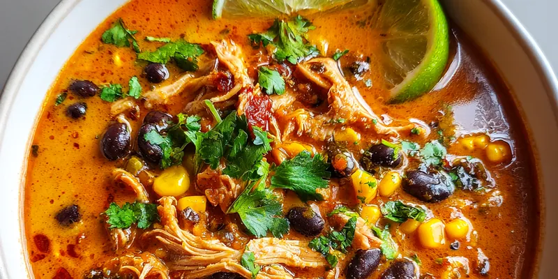 A bowl of creamy chicken poblano soup garnished with cilantro, served with crusty bread.