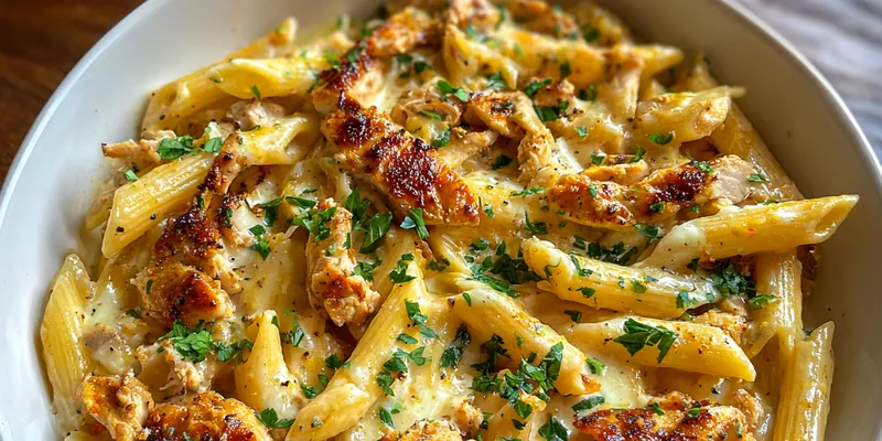 A beautifully plated serving of Creamy Cowboy Penne Pasta with herbs and cheese garnish.
