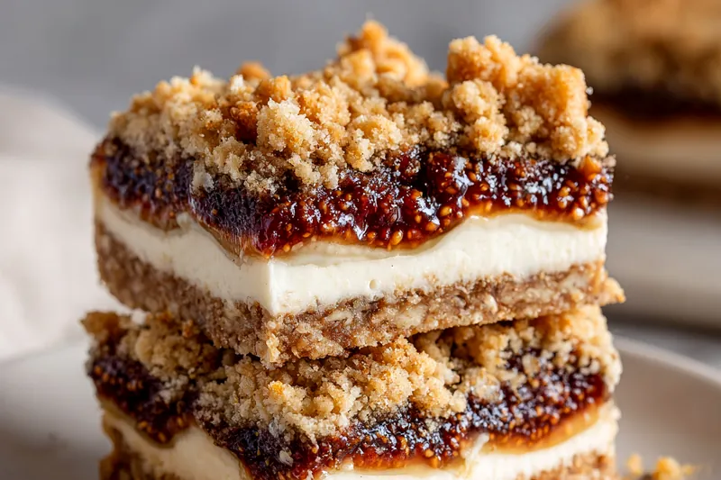 Square baking pan showing baked fig cheesecake bars with golden brown oat crumble topping and dark fig jam bubbling slightly at the edges