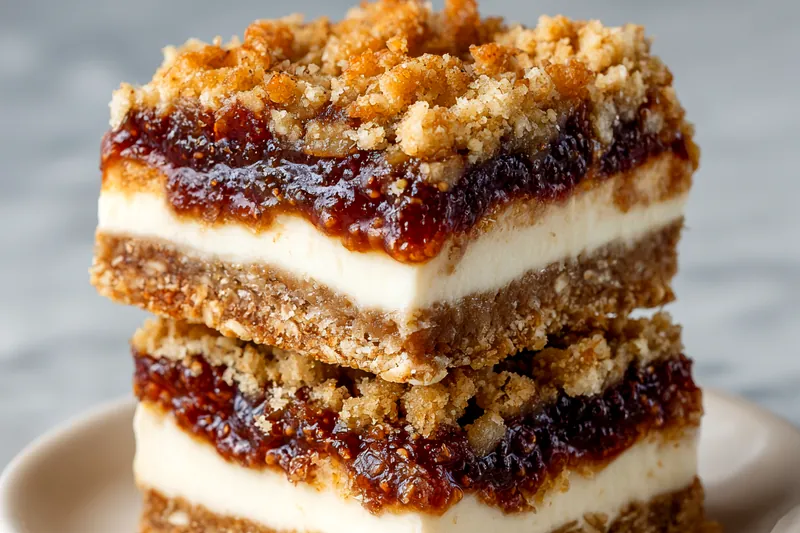 Raw ingredients for fig cheesecake bars including dried figs, cream cheese blocks, butter, oats, flour, and brown sugar on a gray counter