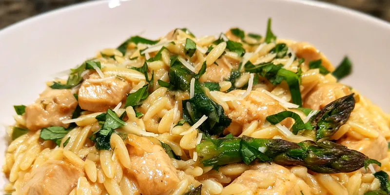 A bowl of Creamy High-Protein Chicken Orzo topped with fresh spinach and Parmesan cheese.