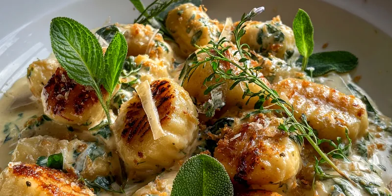 A beautifully plated dish of Creamy Millionaire Gnocchi Delight with sun-dried tomatoes and spinach.
