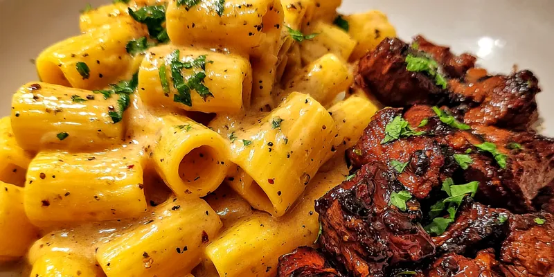 Delicious Creamy Pasta with Steak served on a plate