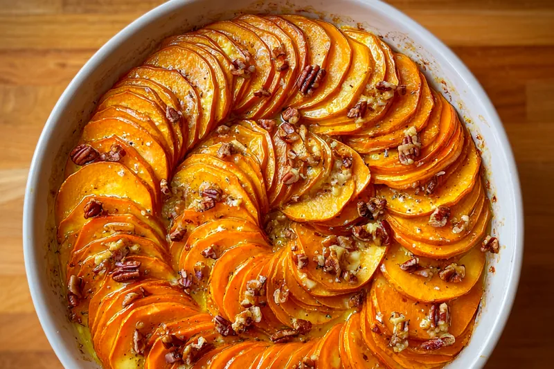 Baking dish showing creamy scalloped sweet potatoes gently bubbling in the oven.
