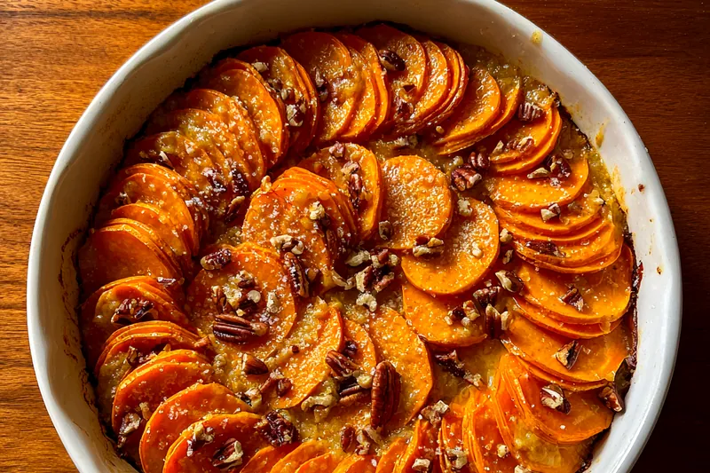 A vibrant display of fresh sweet potatoes, cream, and seasonings for the scalloped potatoes.
