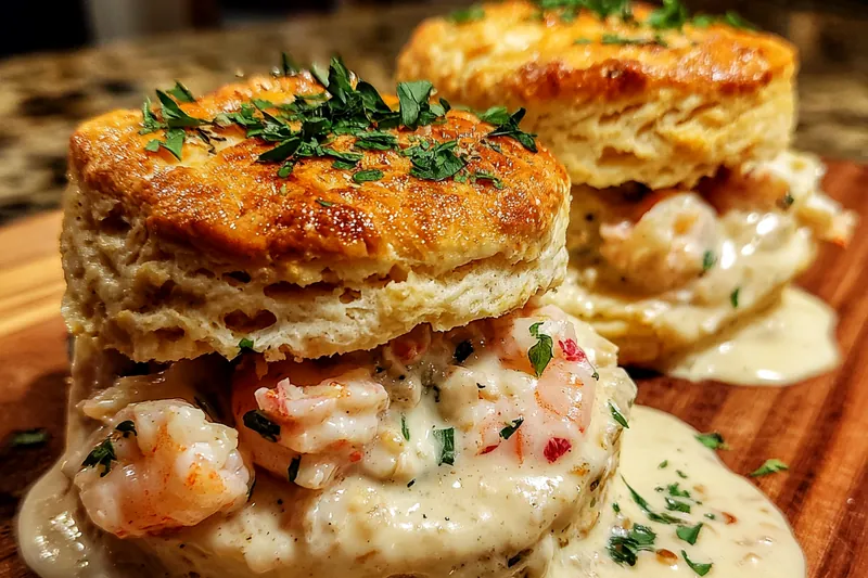 Cooking process for Creamy Seafood Biscuit Stacks