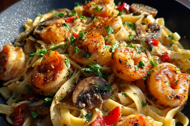 Cooking process for Creamy Shrimp Mushroom Pasta