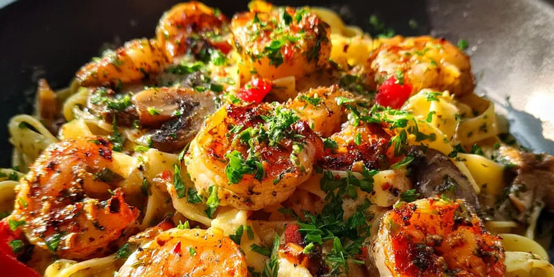 Delicious Creamy Shrimp Mushroom Pasta served on a plate
