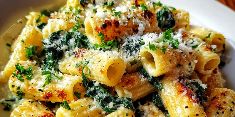Delicious Creamy Spinach Rigatoni Bake served on a plate