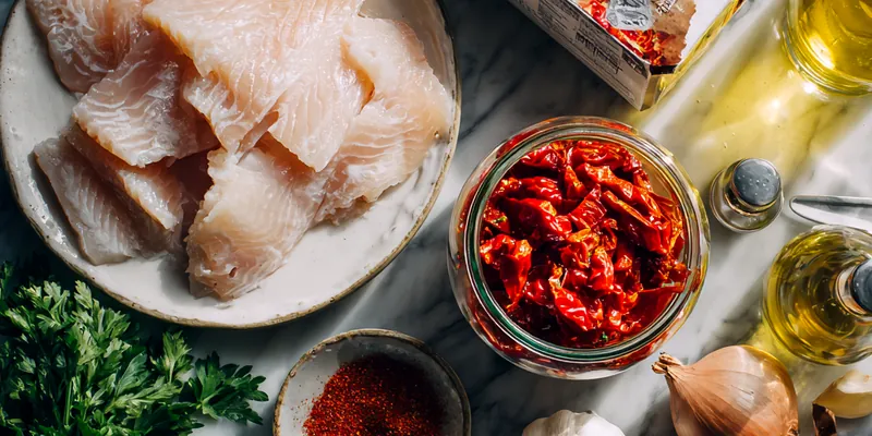 A white bowl filled with creamy roasted red pepper sauce and flaky tilapia fillets garnished with parsley
