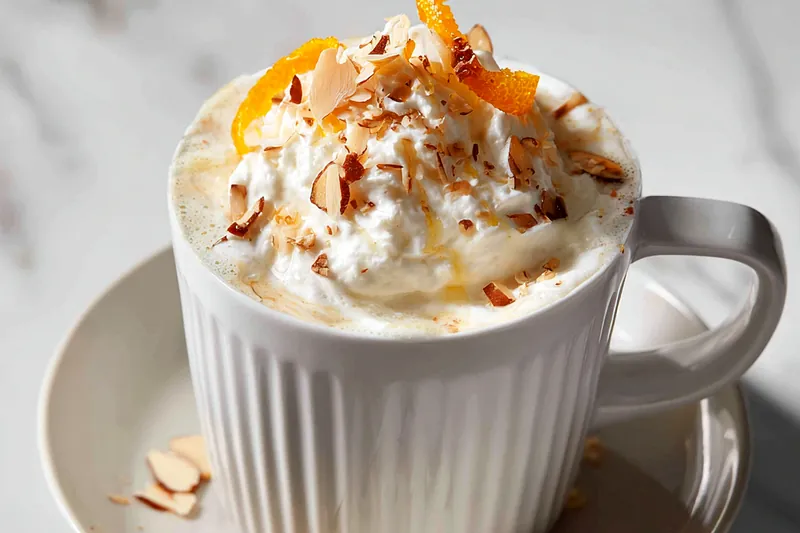 Ingredients for white chocolate hot chocolate including milk, cream, a bar of white chocolate, an orange, vanilla extract, and almonds on a marble surface.