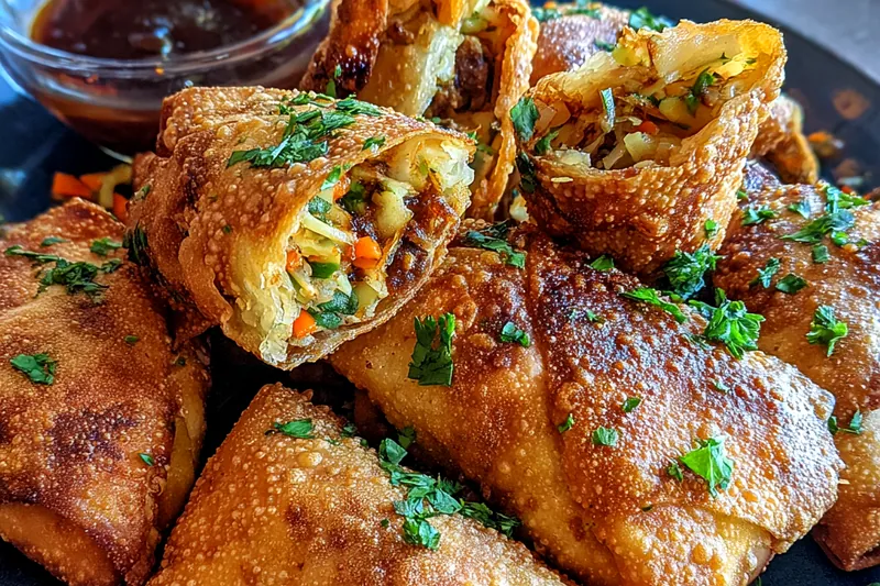 A colorful array of ingredients for Crispy BBQ Beef Egg Rolls, including ground beef, coleslaw, egg roll wrappers, and barbecue sauce.