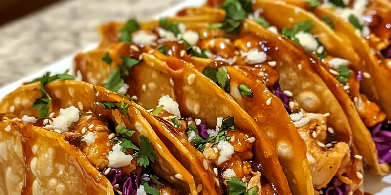 A vibrant plate of Savory Chicken Wonton Tacos garnished with fresh vegetables and sauces.