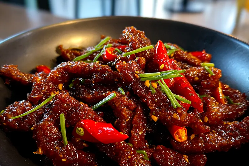 A busy kitchen scene with Chef Mitchell frying crispy beef strips in a wok, surrounded by fresh ingredients.