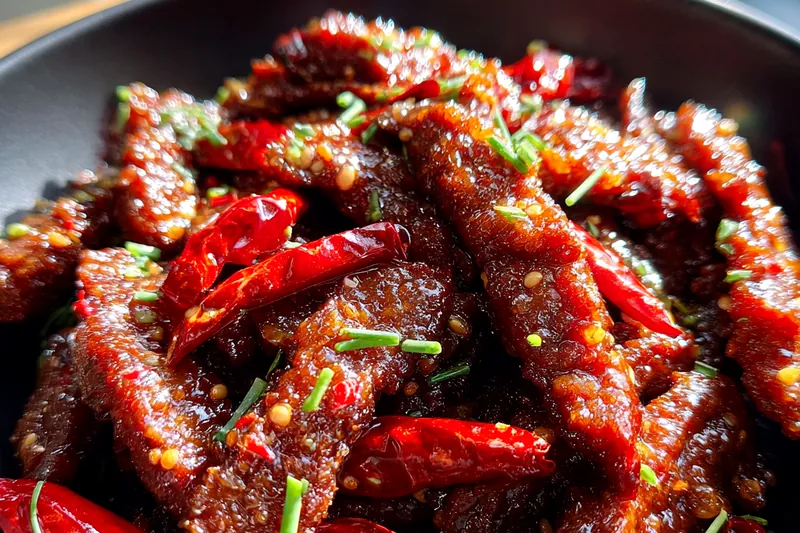 A vibrant display of all ingredients for Spicy Crispy Chilli Beef Strips arranged on a wooden table.