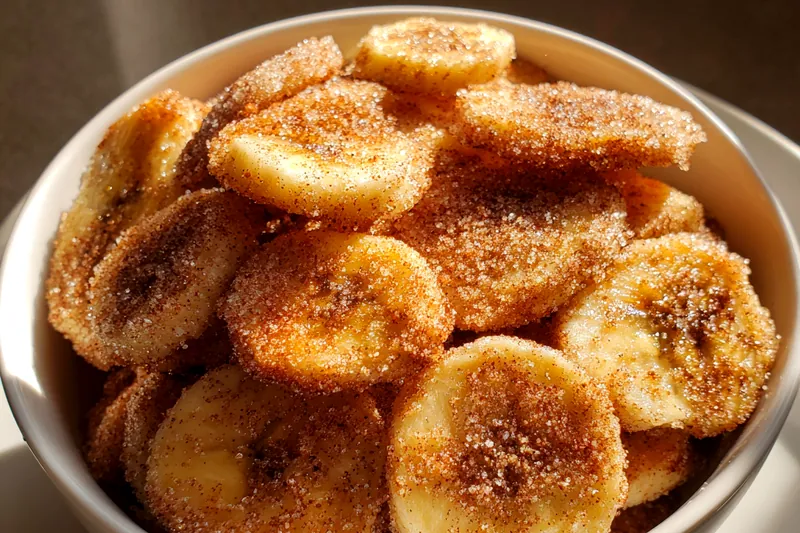 Fresh yellow bananas, clear bowls containing granulated sugar and ground cinnamon, small bowl of melted butter, vanilla extract, and lemon juice arranged on marble counter