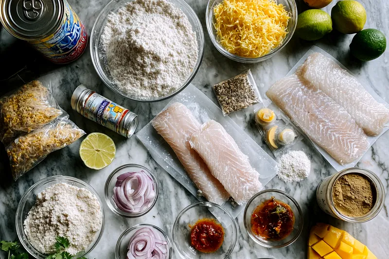 A fish fillet coated in coconut and panko breadcrumbs frying in a skillet with hot oil, turning golden brown