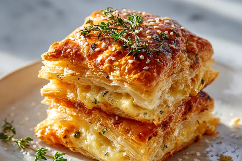 Golden-brown puff pastry stacks on a baking sheet mid-baking, showing layers puffing up with cheese beginning to bubble and melt